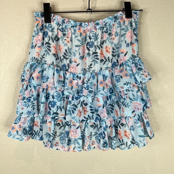 Lovers + Friends Mini Skirt Medium Women Floral Print Ruffle Blue Pink Tiered - Picture 2 of 13